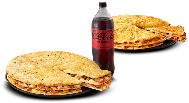 Fam feast pizzas with a drink