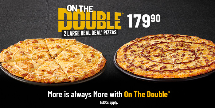 Two large pizzas against a black and yellow background.