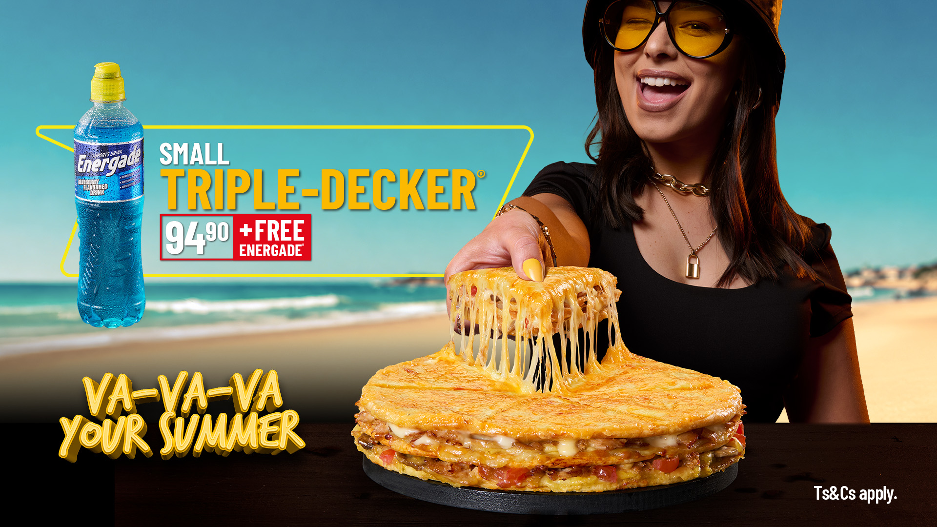 Debonairs Pizza Small Triple-Decker promotion for R94.90 with a free blue Energade sports drink, featuring cheesy pizza and a summer beach background.